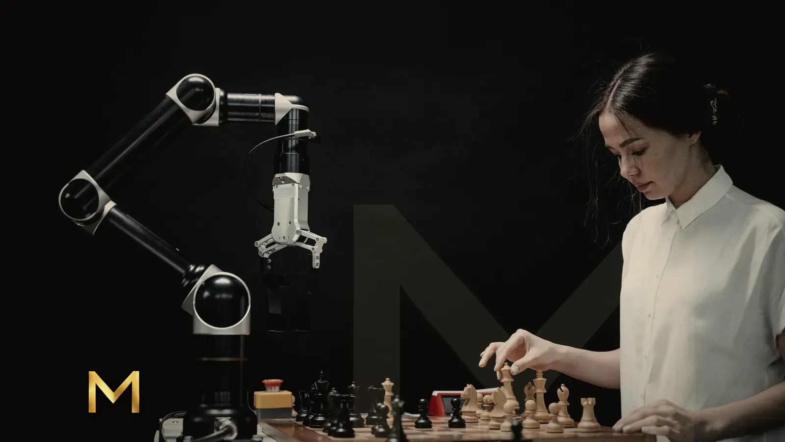 A robotic arm and a woman playing chess across the same board