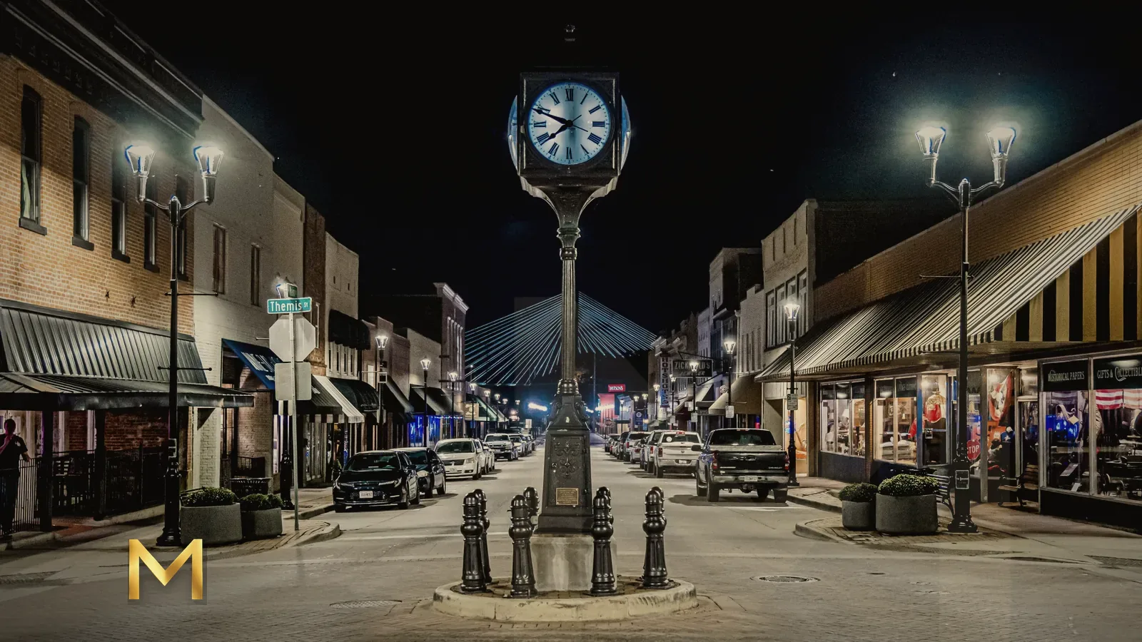 A historic Main Street at night with a street clock and lit storefronts